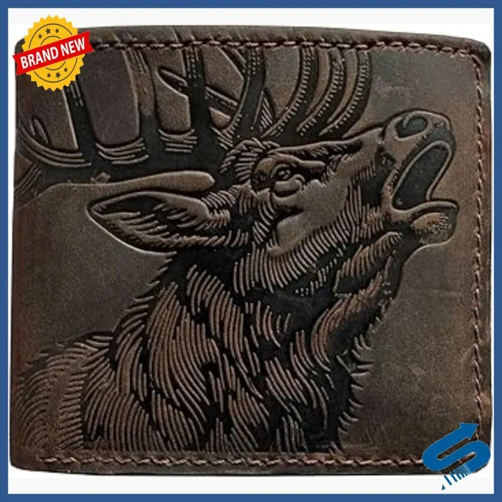 Genuine Leather Bifold Wallet with Deer Embossing for Men